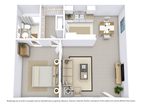 Floor plan for 1 bed, 1 bath, 587 sqft